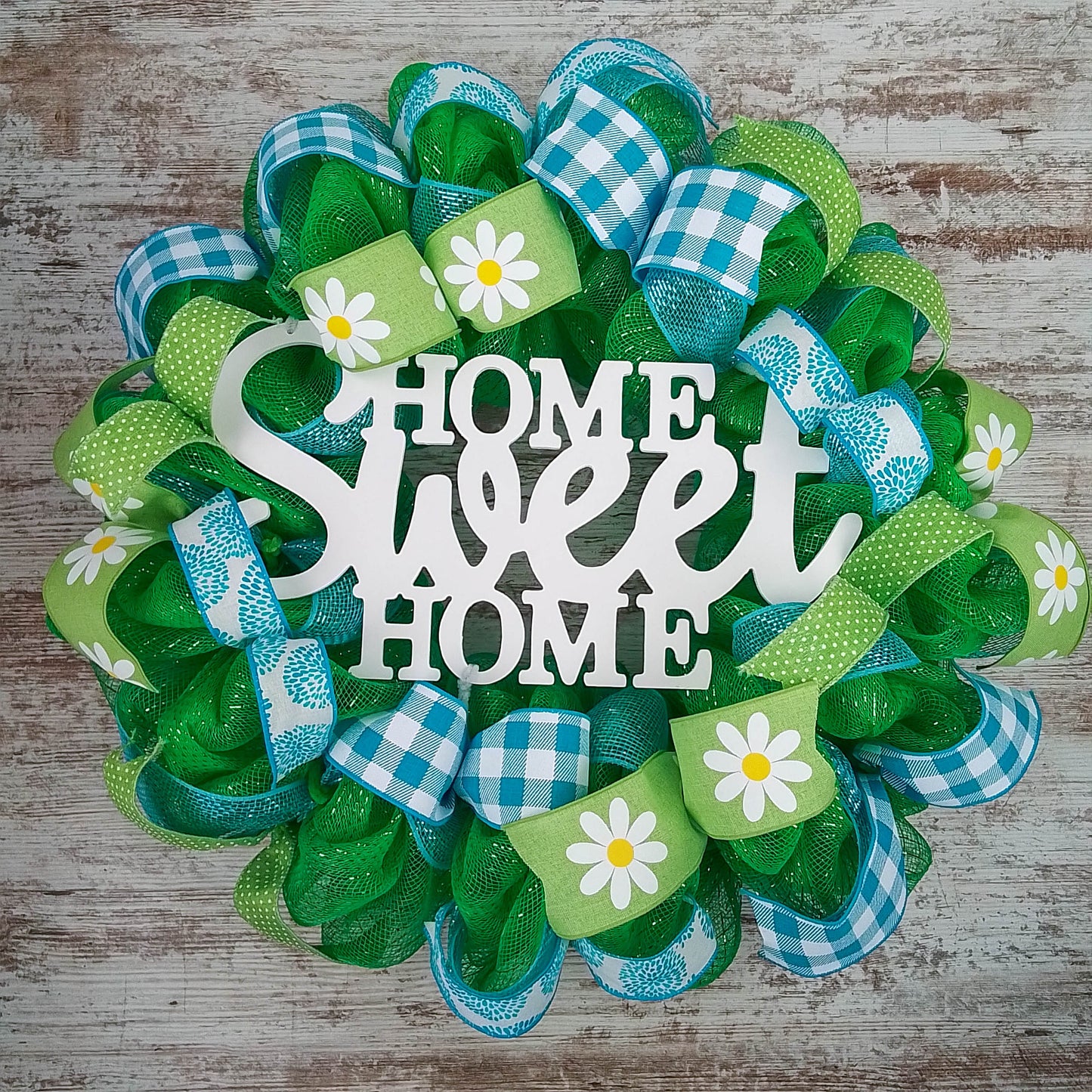 Home Sweet Home Everyday Deco Mesh Door Wreath - Lime Green White Turquoise