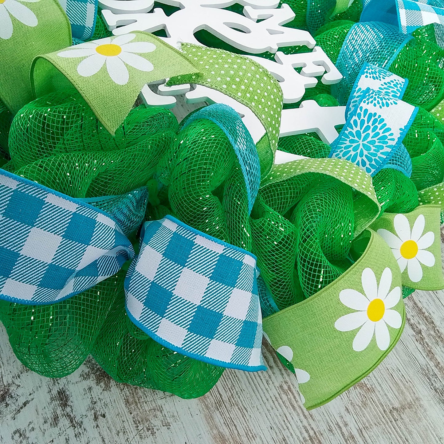 Home Sweet Home Everyday Deco Mesh Door Wreath - Lime Green White Turquoise