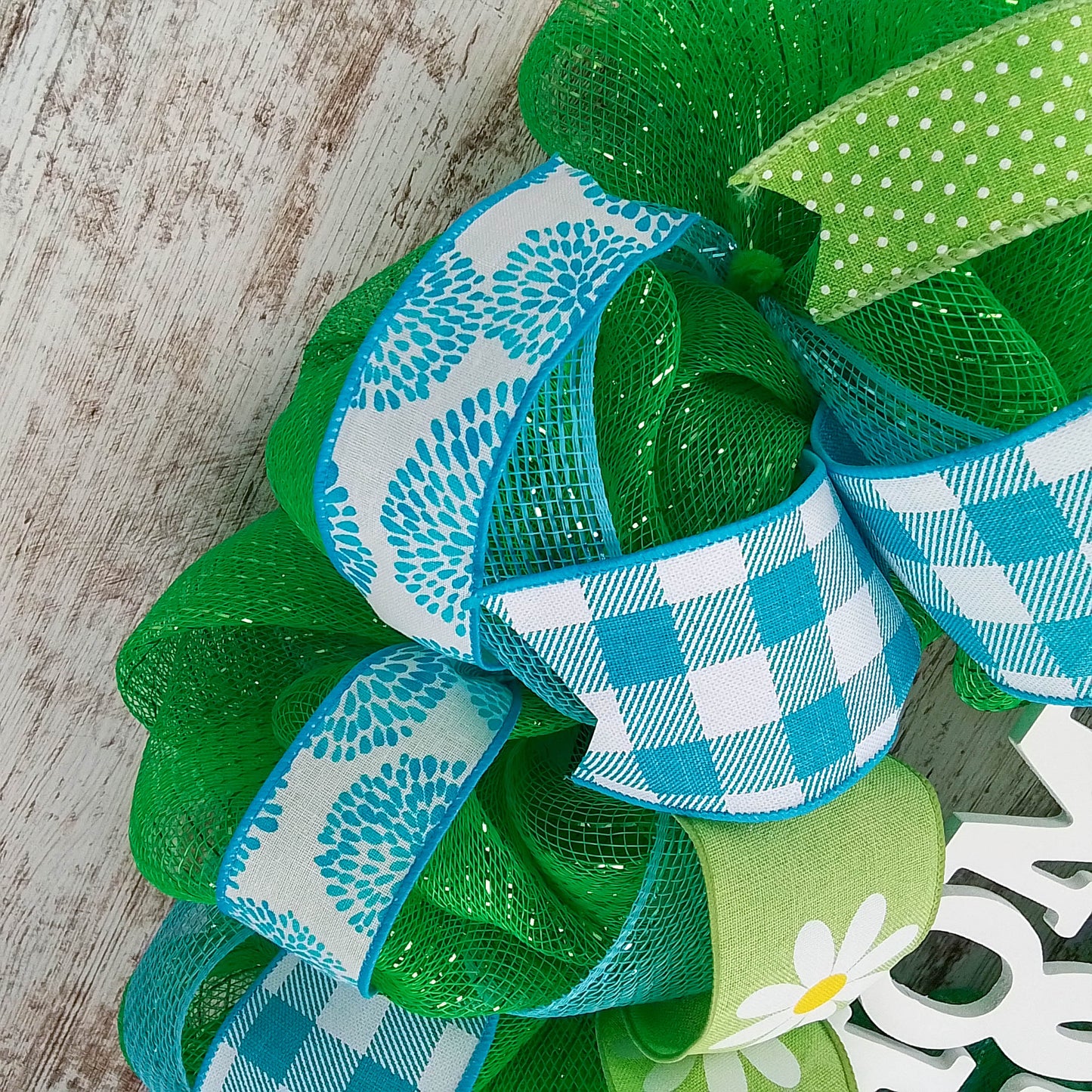 Home Sweet Home Everyday Deco Mesh Door Wreath - Lime Green White Turquoise