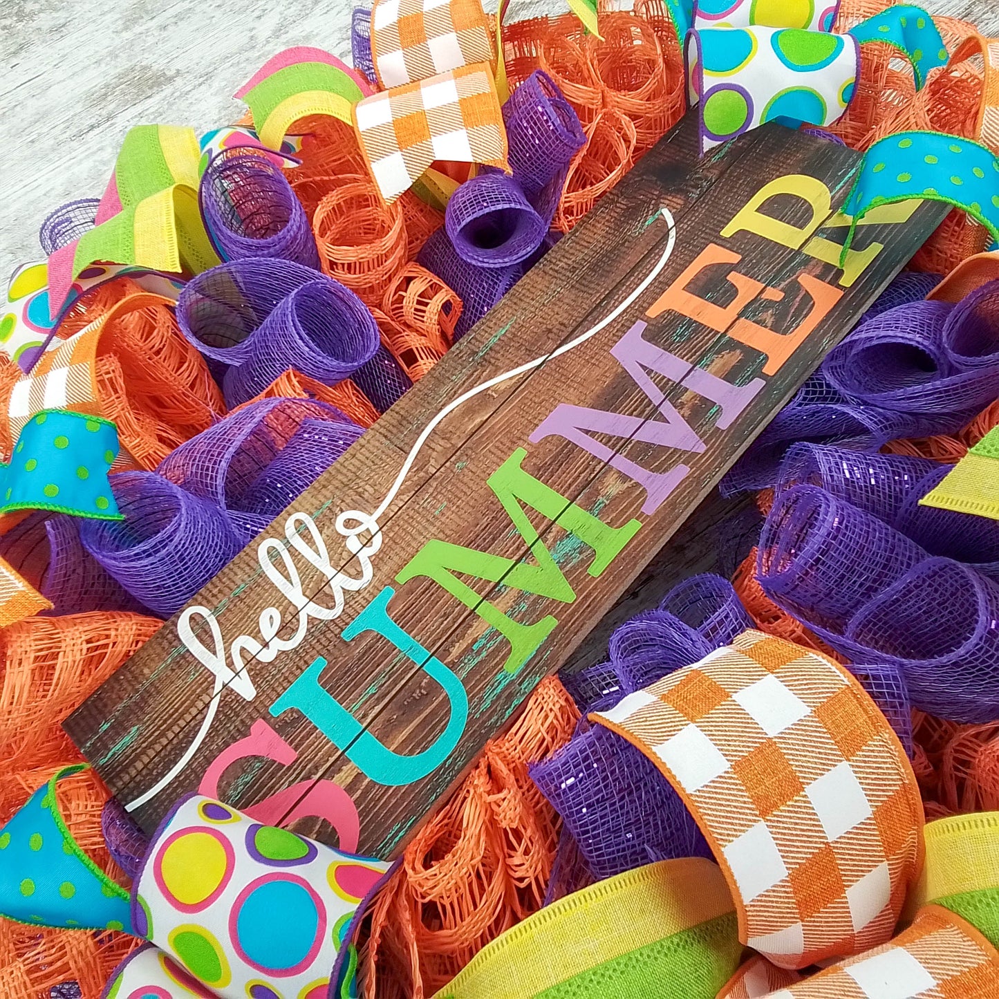 Hello Summer Wreath | Orange Burlap Wreath | Colorful Outdoor Mesh Wreath