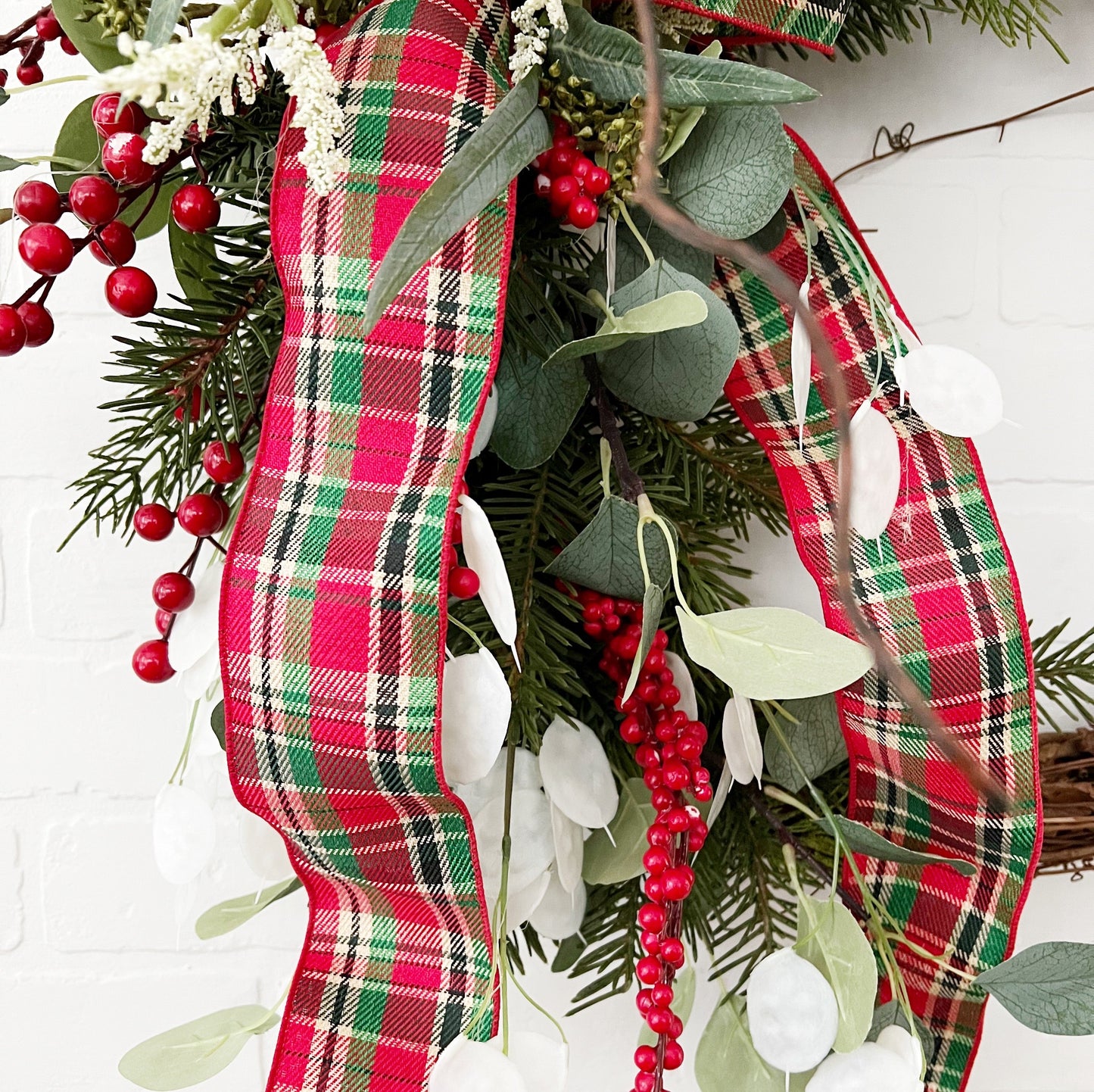 Traditional Christmas Front Door Wreath with Plaid Bow