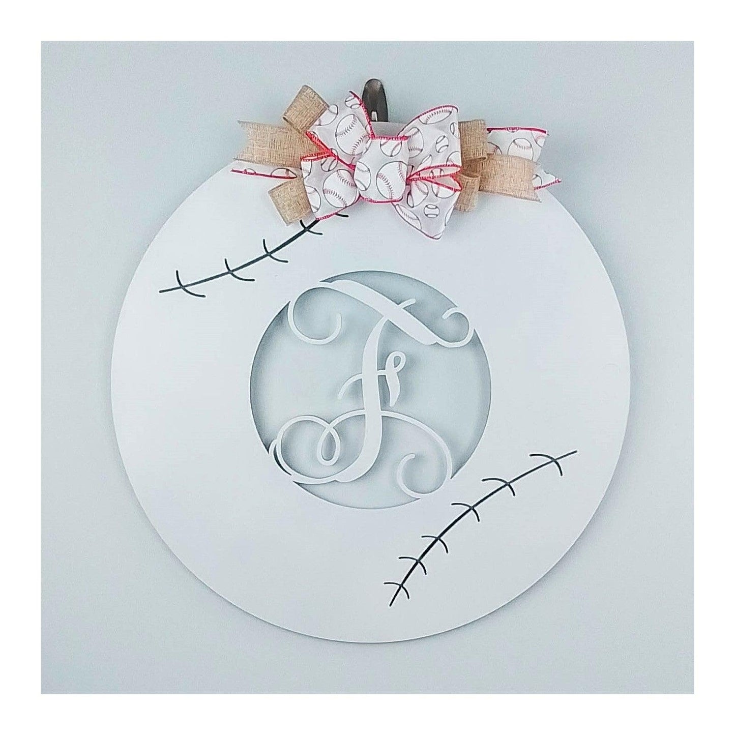 Baseball Door Hanger - Monogram Sports Initial Letter Outdoor Front Door Decor with Bow - Pink Door Wreaths