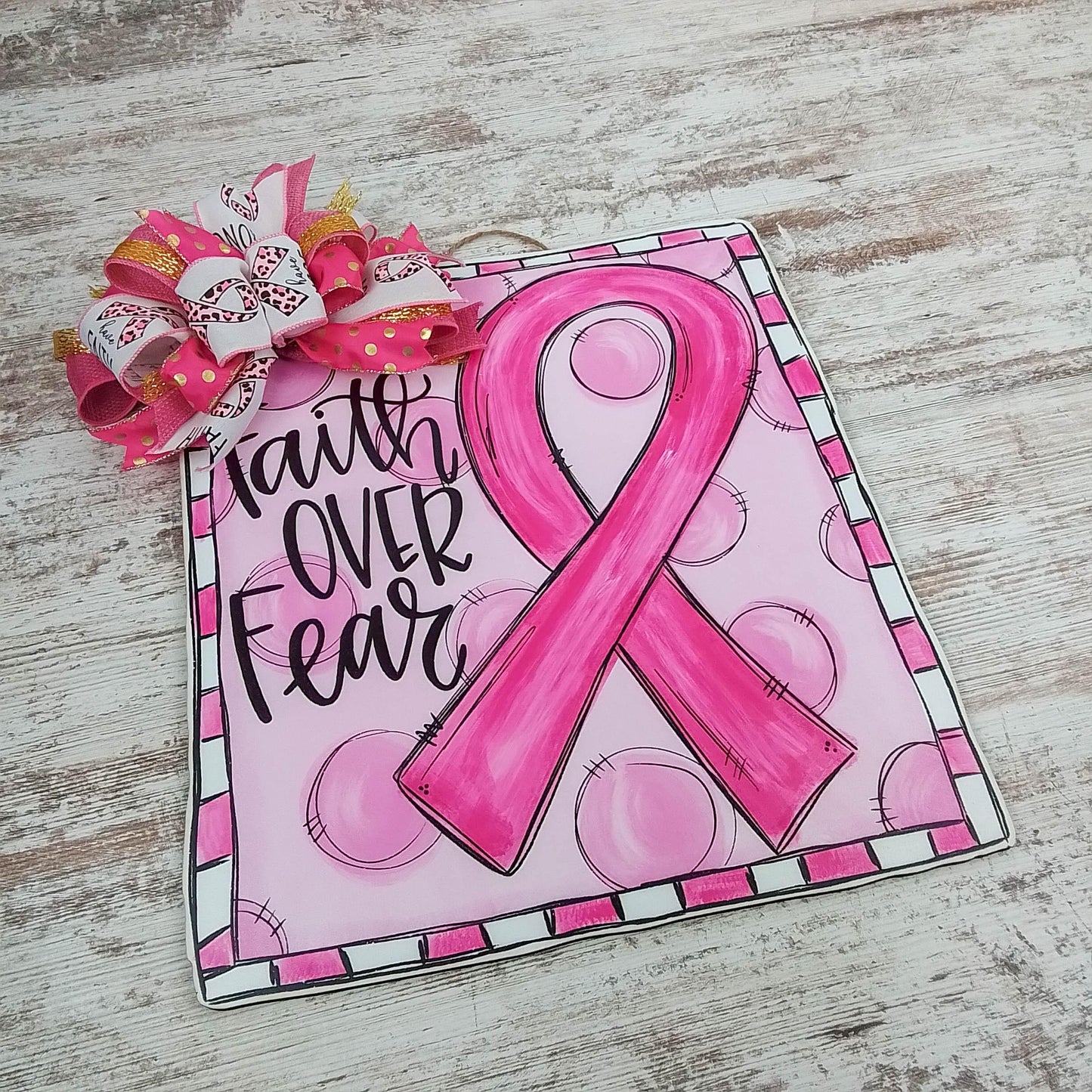 Breast Cancer Awareness Door Hanger, Faith Over Fear - Pink Door Wreaths