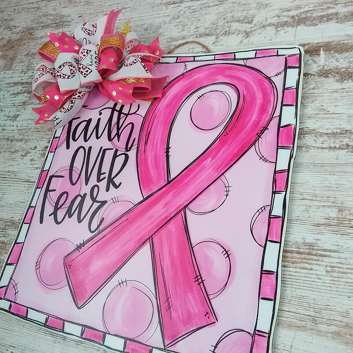 Breast Cancer Awareness Door Hanger, Faith Over Fear - Pink Door Wreaths