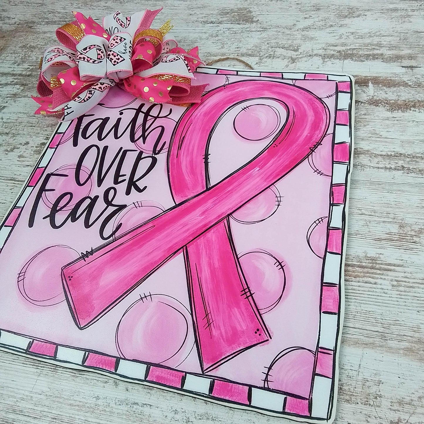 Breast Cancer Awareness Door Hanger, Faith Over Fear - Pink Door Wreaths