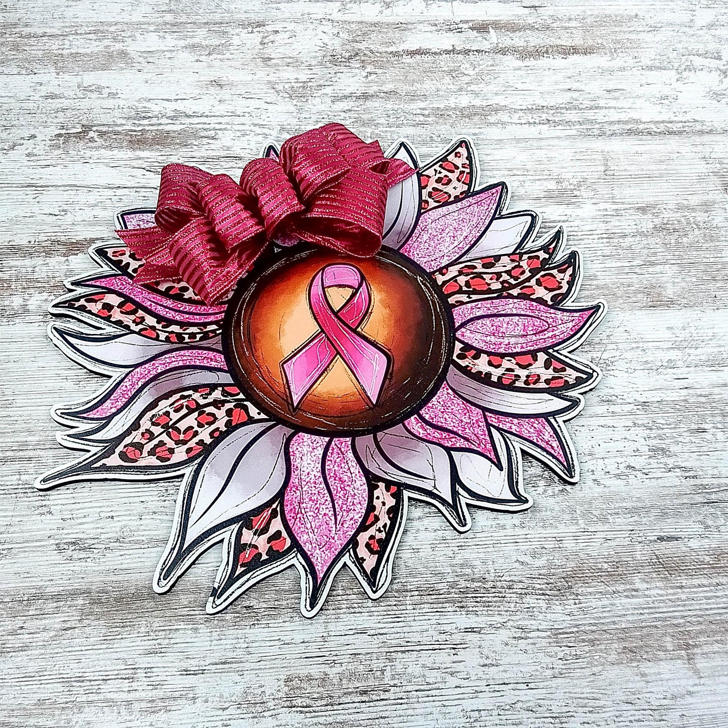 Breast Cancer Ribbon Door Hanger, Animal Print Sunflower Decor - Pink Door Wreaths