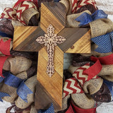 Brown Burlap Rustic Cross Mesh Front Door Wreath; Navy Maroon Burgundy White | Mother's Day Gift