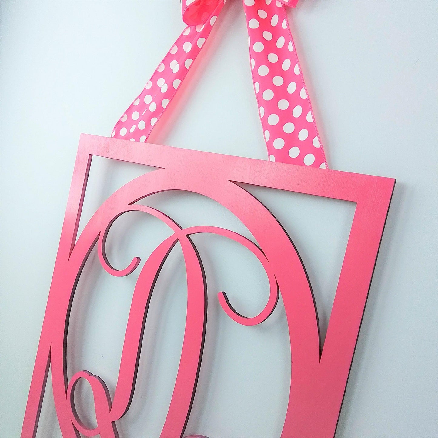 Customized Initial Door Hanger, Monogram Wreath for Front Door, Pick Your Colors, Match Your Decor, Birthday Present for Mom, Framed Wood Wreath (Custom (Polka Dot)) - Pink Door Wreaths