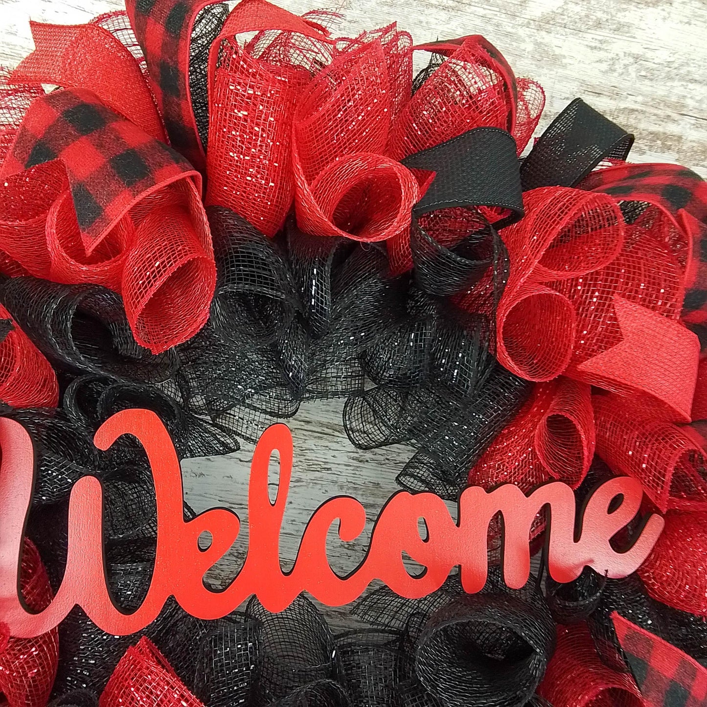 Farmhouse Buffalo Plaid Wreath - Front Door Outdoor Mesh Christmas Decor- White Red Black Burlap - Pink Door Wreaths