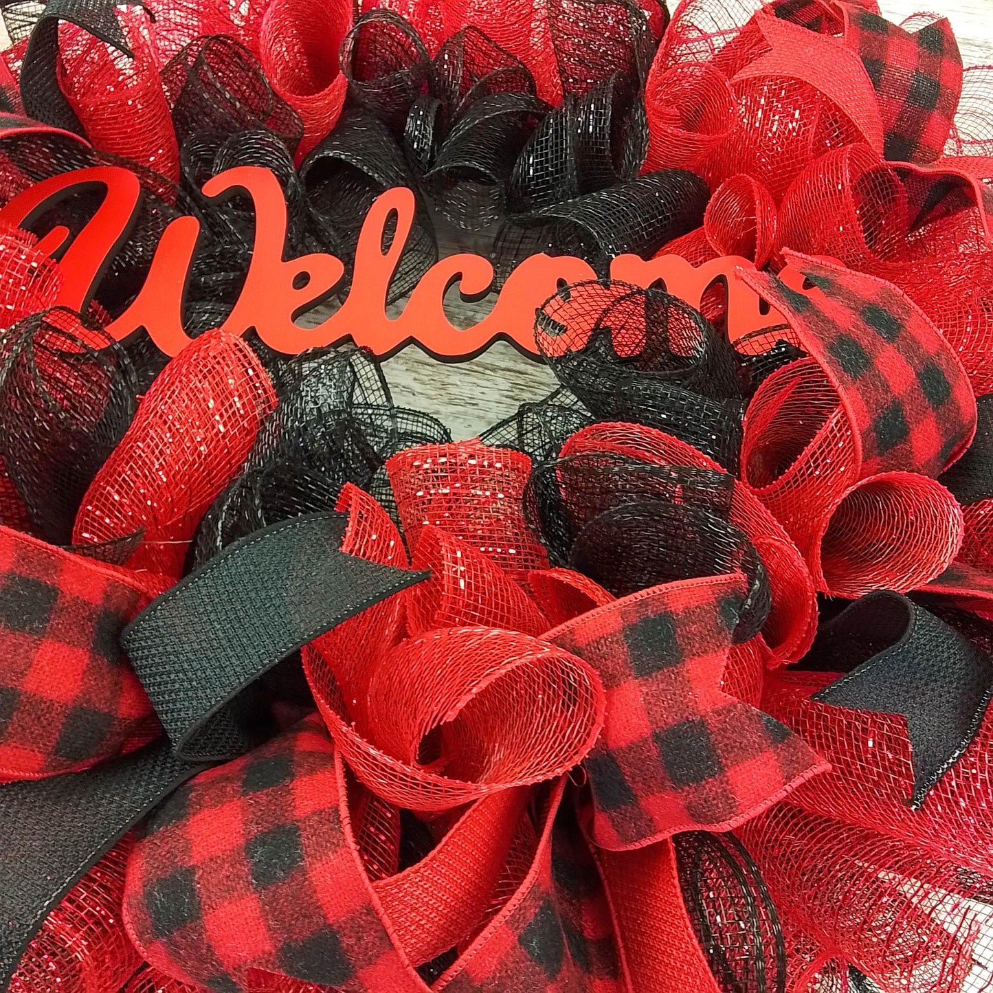 Farmhouse Buffalo Plaid Wreath - Front Door Outdoor Mesh Christmas Decor- White Red Black Burlap - Pink Door Wreaths