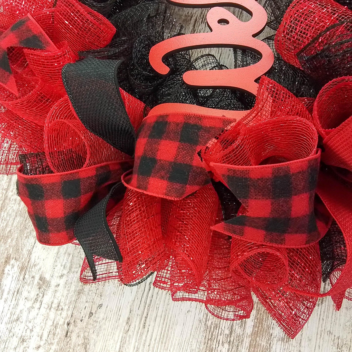 Farmhouse Buffalo Plaid Wreath - Front Door Outdoor Mesh Christmas Decor- White Red Black Burlap - Pink Door Wreaths