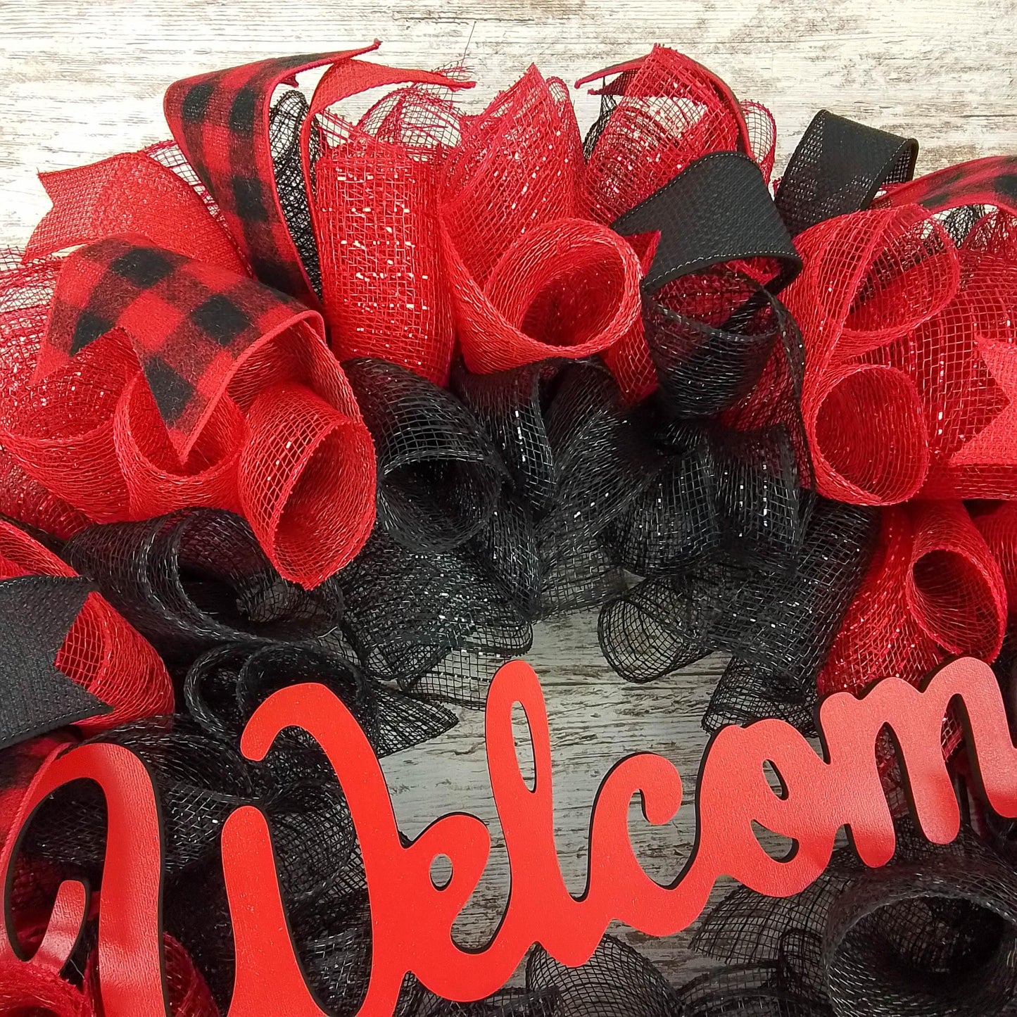 Farmhouse Buffalo Plaid Wreath - Front Door Outdoor Mesh Christmas Decor- White Red Black Burlap - Pink Door Wreaths
