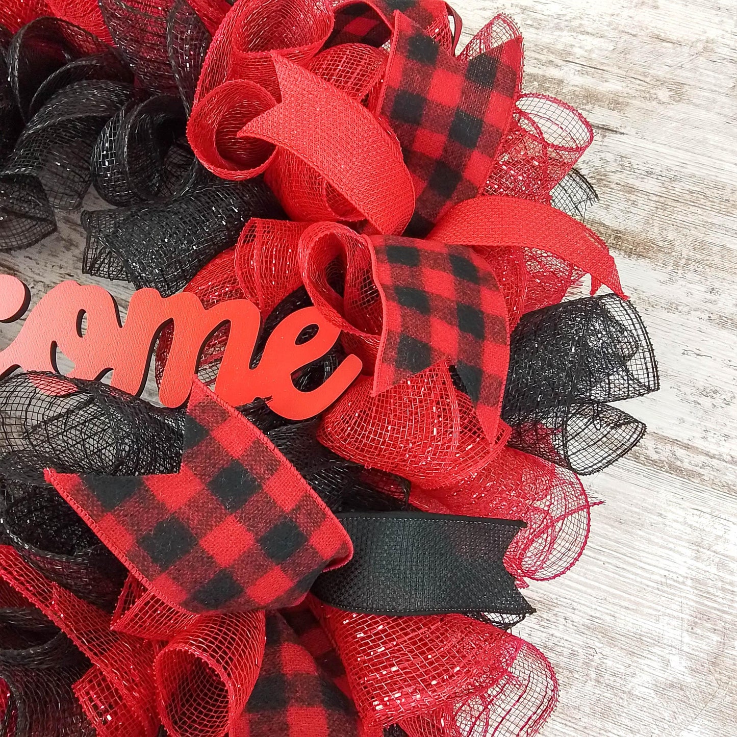 Farmhouse Buffalo Plaid Wreath - Front Door Outdoor Mesh Christmas Decor- White Red Black Burlap - Pink Door Wreaths