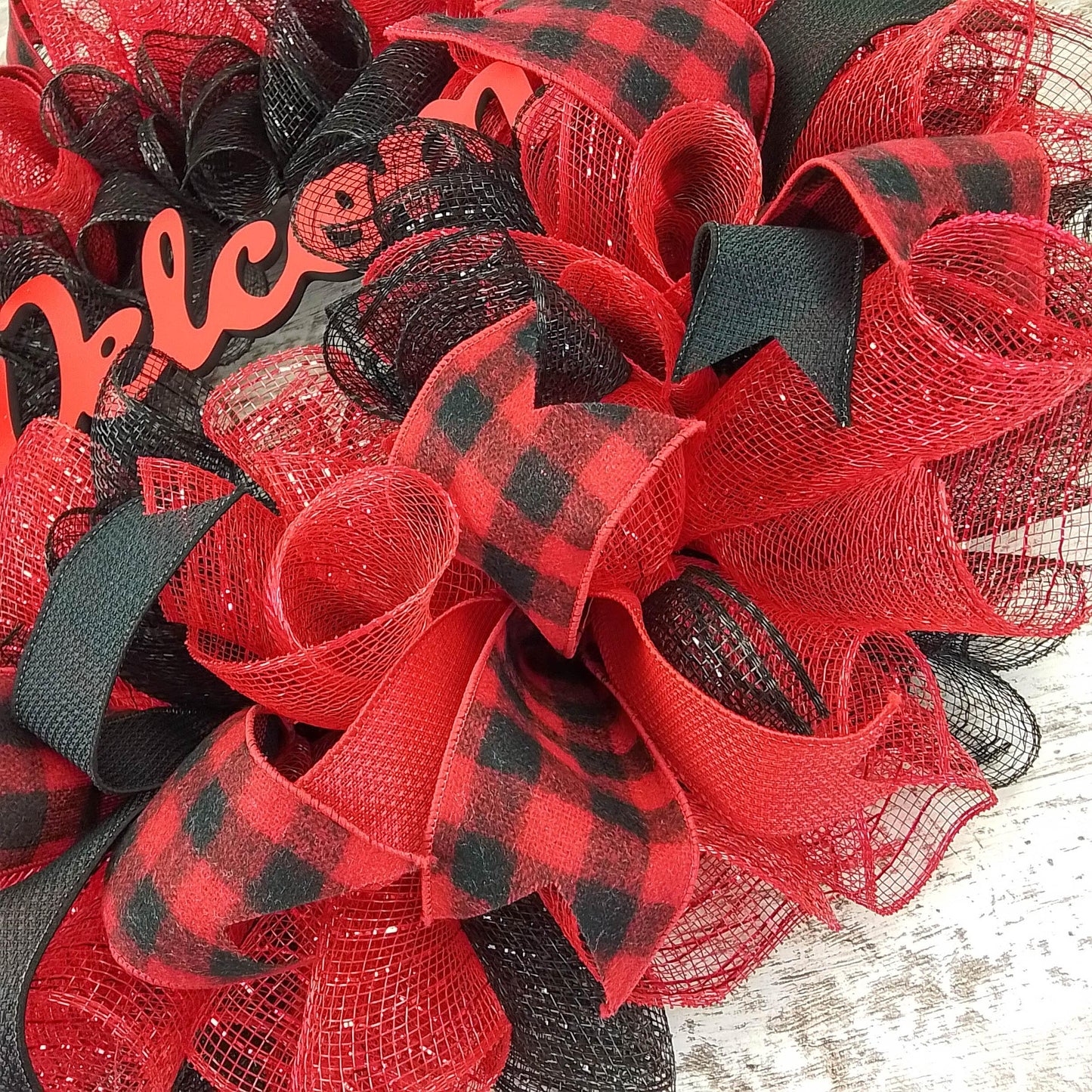 Farmhouse Buffalo Plaid Wreath - Front Door Outdoor Mesh Christmas Decor- White Red Black Burlap - Pink Door Wreaths