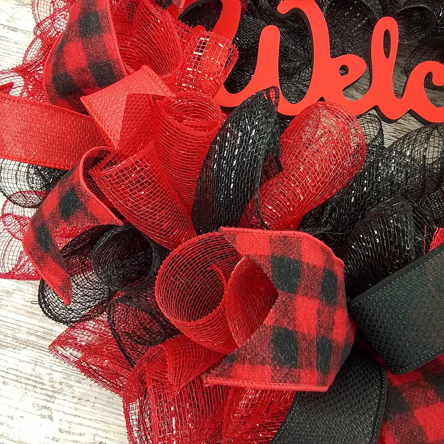 Farmhouse Buffalo Plaid Wreath - Front Door Outdoor Mesh Christmas Decor- White Red Black Burlap - Pink Door Wreaths