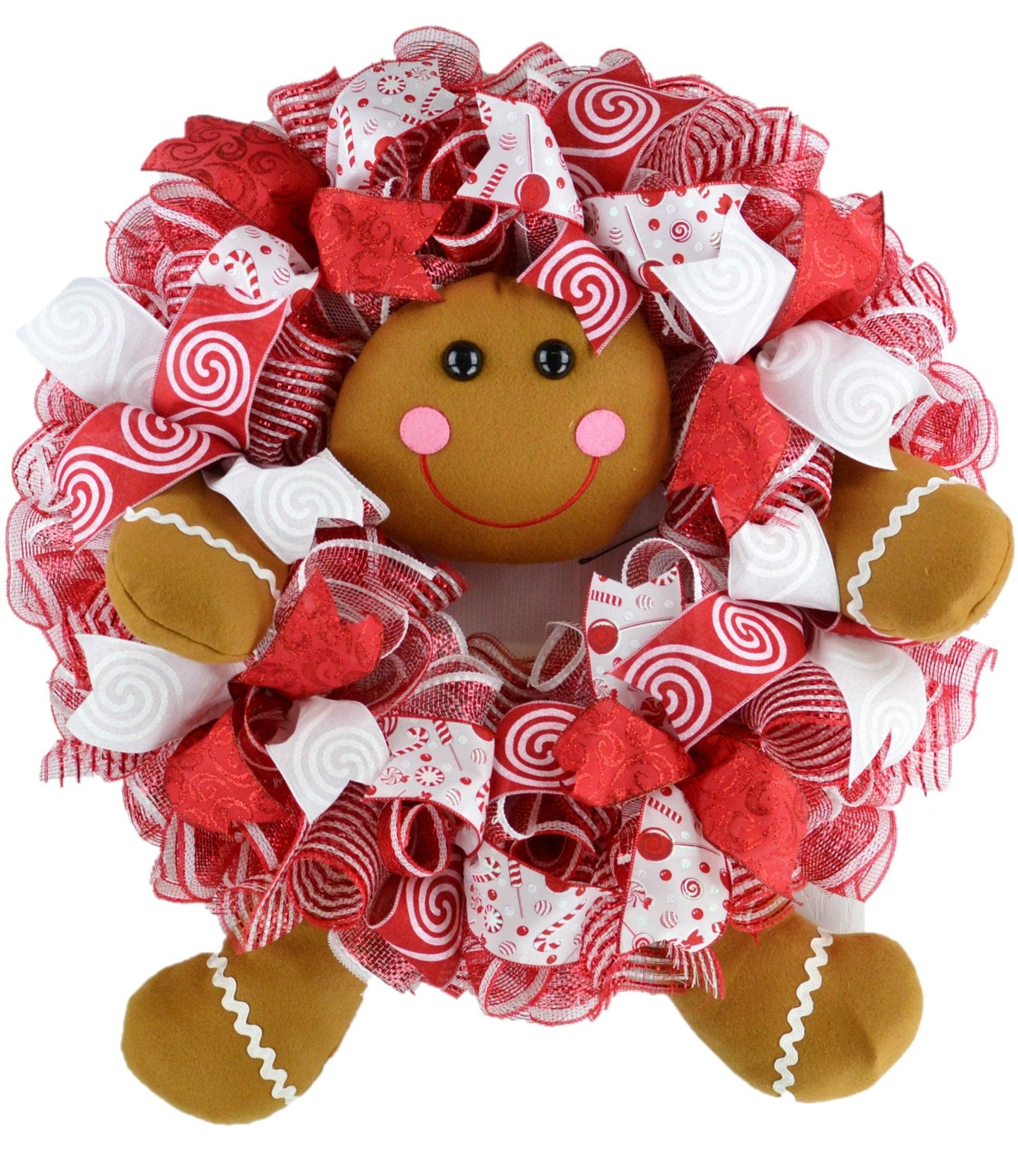 Gingerbread Wreath | Outdoor Christmas Wreath | Mesh Front Door Wreath | Red Brown White - Pink Door Wreaths