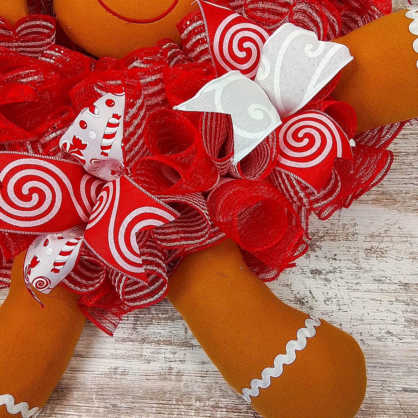 Gingerbread Wreath | Outdoor Christmas Wreath | Mesh Front Door Wreath | Red Brown White - Pink Door Wreaths