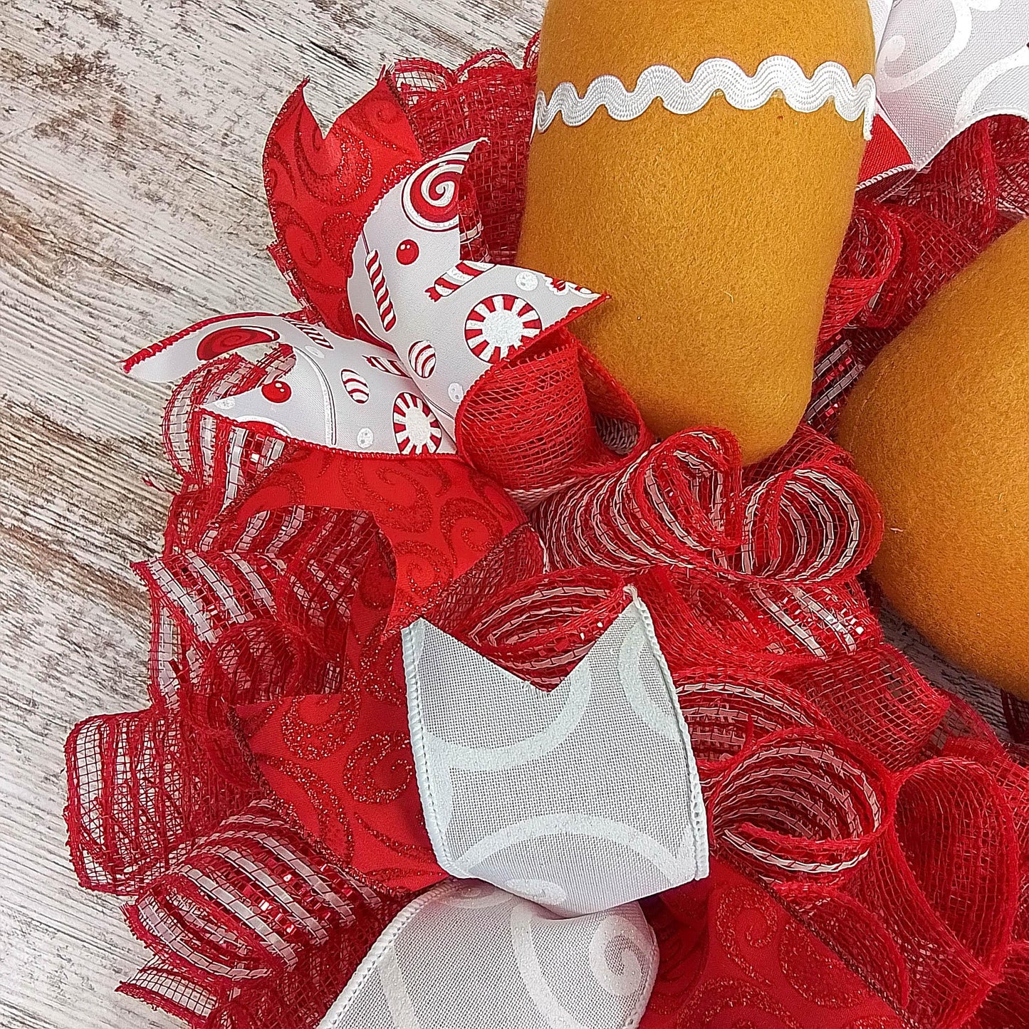 Gingerbread Wreath | Outdoor Christmas Wreath | Mesh Front Door Wreath | Red Brown White - Pink Door Wreaths