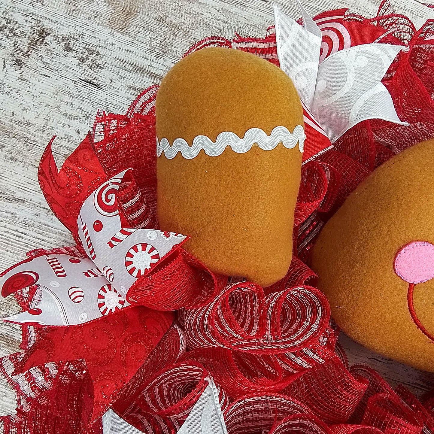 Gingerbread Wreath | Outdoor Christmas Wreath | Mesh Front Door Wreath | Red Brown White - Pink Door Wreaths