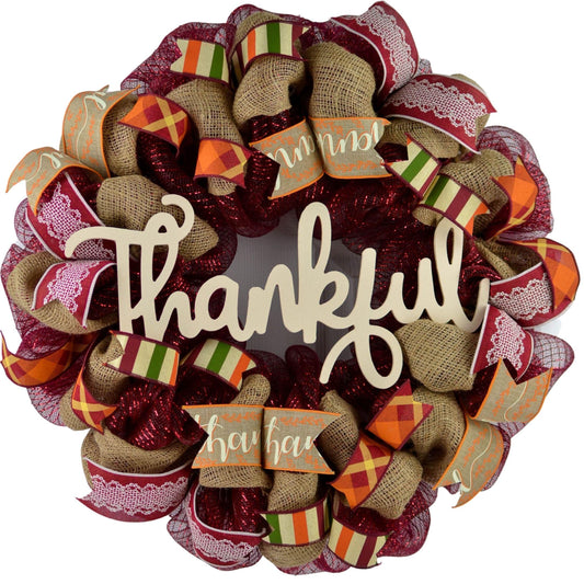 Ivory Thankful Wreath | Happy Fall Thanksgiving Deco Mesh Front Door Wreath - Pink Door Wreaths