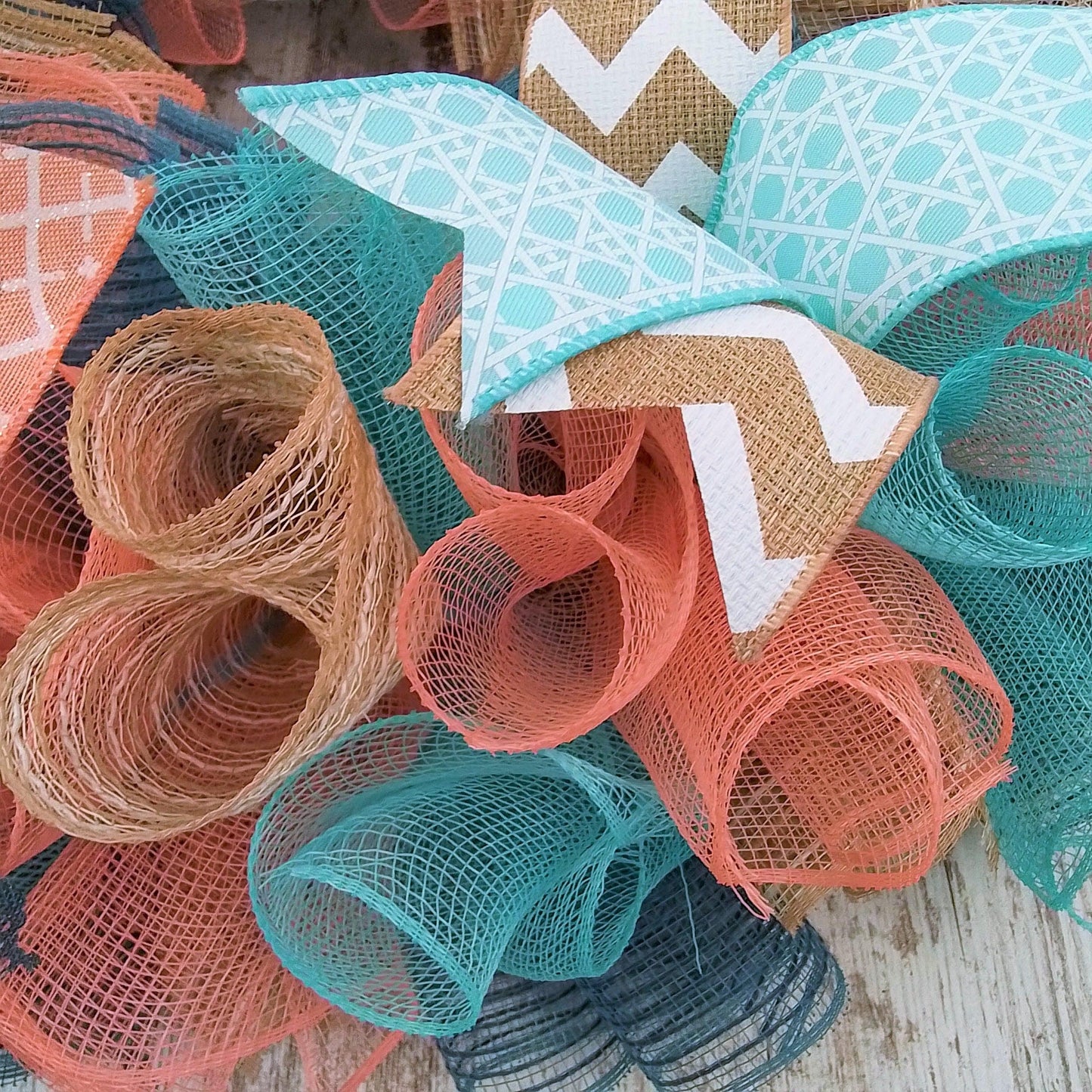 Pastel Year Round Wreath, Everyday Wreath for Front Door, Coral, Denim Blue, Mint, Jute - Pink Door Wreaths