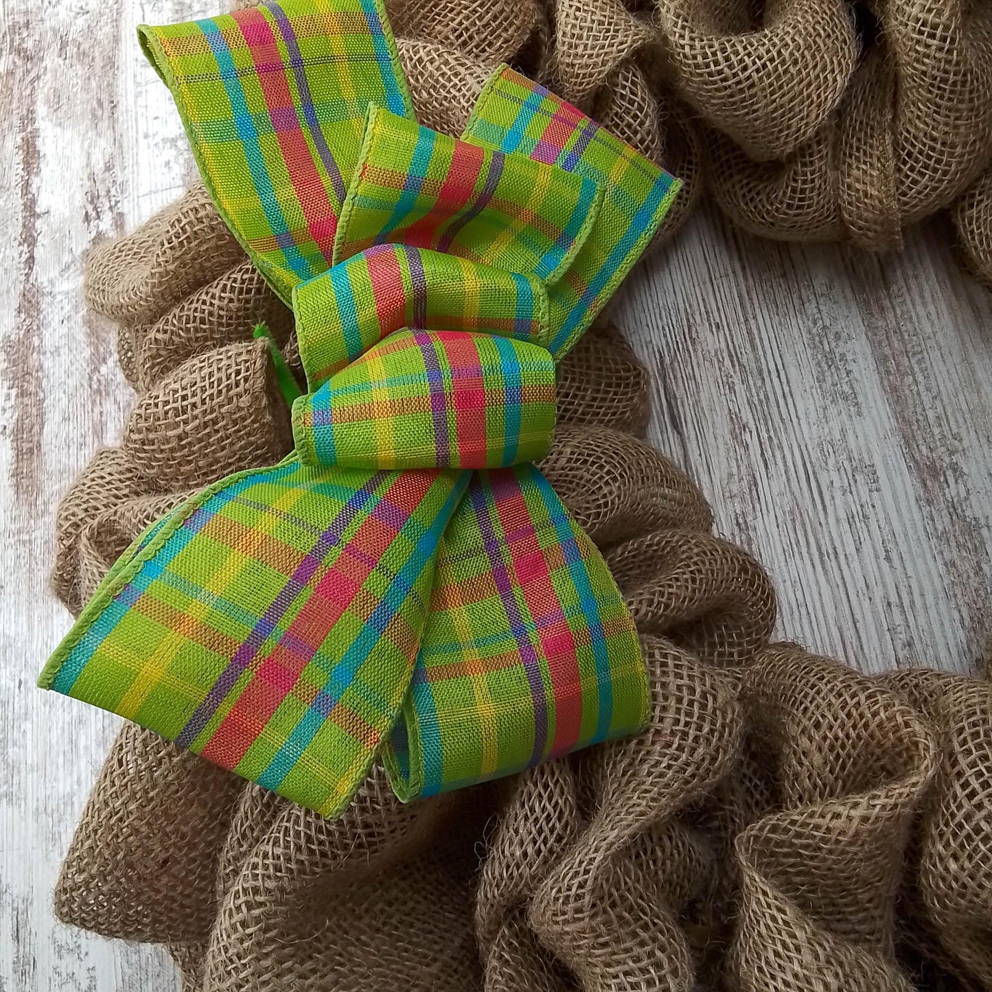 Spring Plaid Wreath Bow - Easter Wreath Embellishment for Making Your Own - Farmhouse Already Made Green Pink Turquoise - Pink Door Wreaths