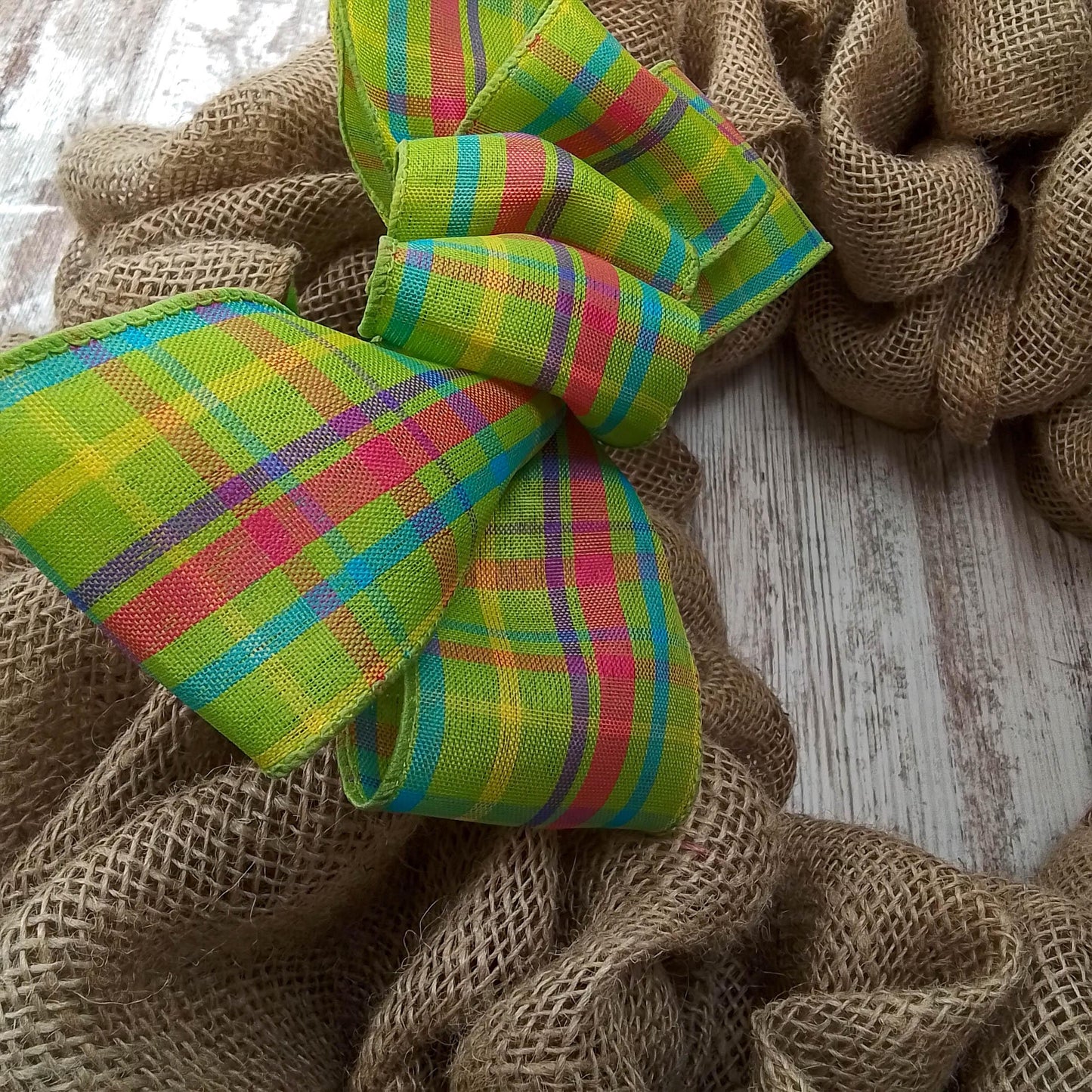 Spring Plaid Wreath Bow - Easter Wreath Embellishment for Making Your Own - Farmhouse Already Made Green Pink Turquoise - Pink Door Wreaths