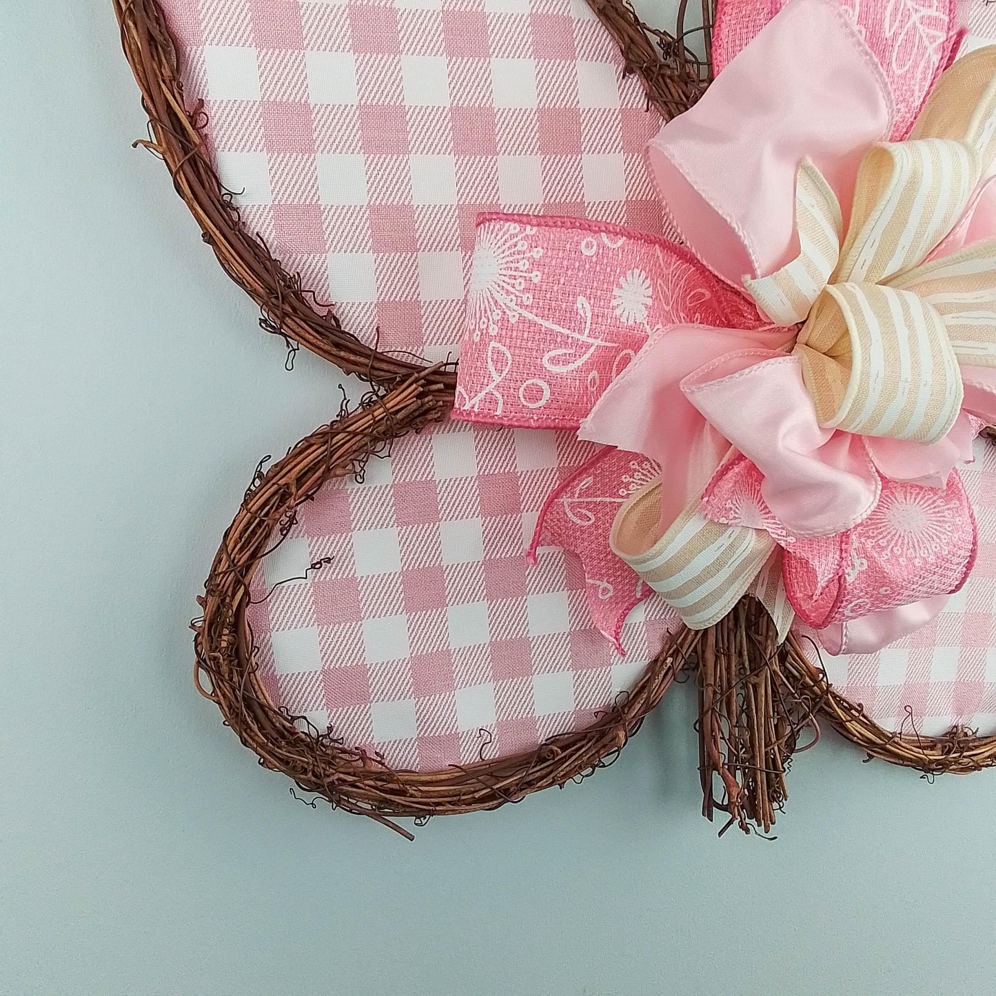 Spring Summer Butterfly Grapevine Wreath - Plaid Door Hanger Oversized Bow Jute Burlap Door Decor; Pink Brown White - Pink Door Wreaths