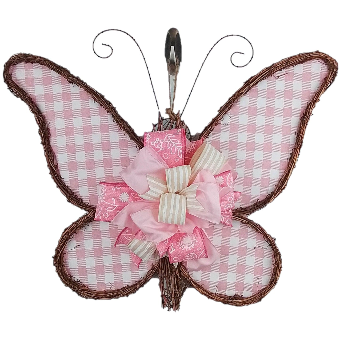 Spring Summer Butterfly Grapevine Wreath - Plaid Door Hanger Oversized Bow Jute Burlap Door Decor; Pink Brown White - Pink Door Wreaths