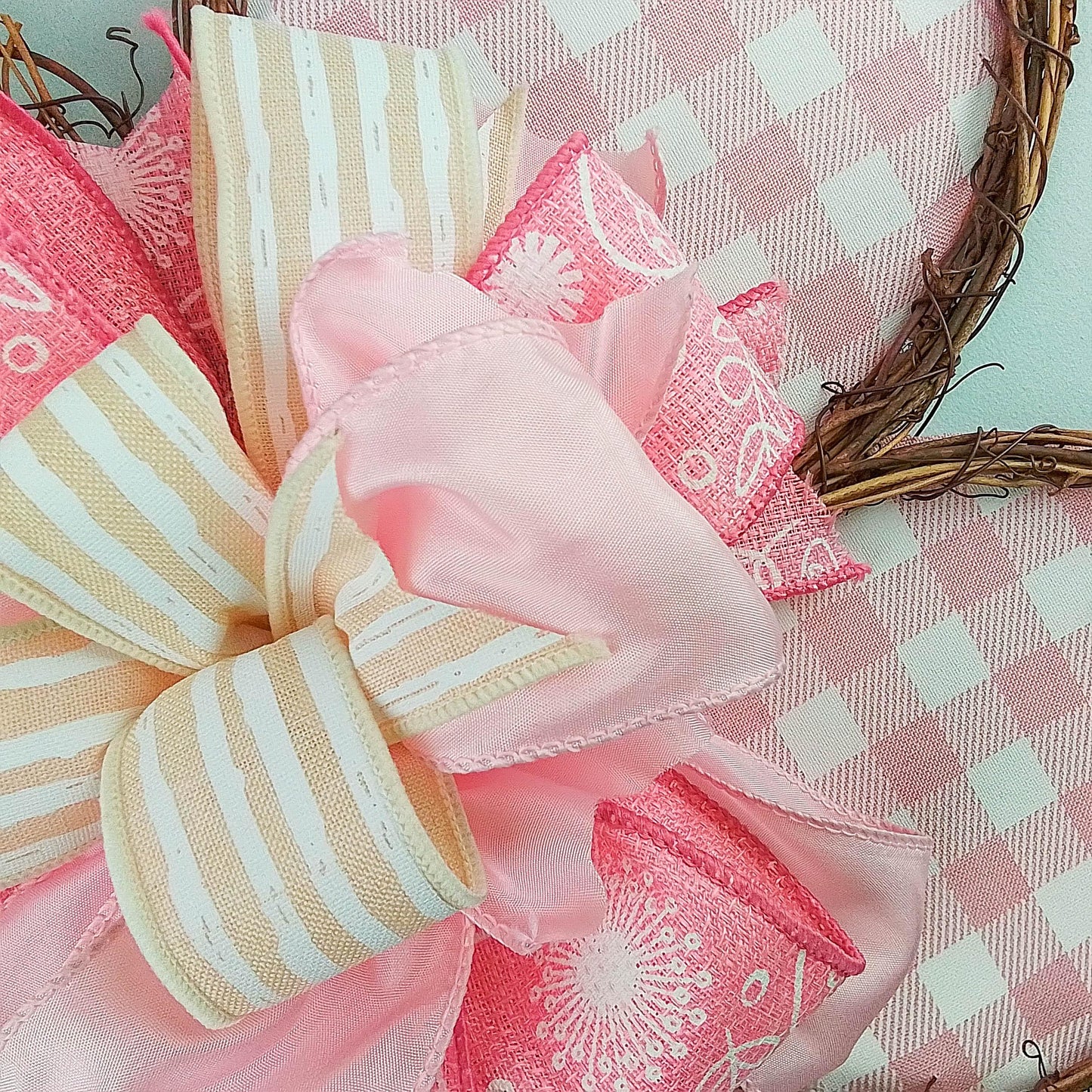 Spring Summer Butterfly Grapevine Wreath - Plaid Door Hanger Oversized Bow Jute Burlap Door Decor; Pink Brown White - Pink Door Wreaths