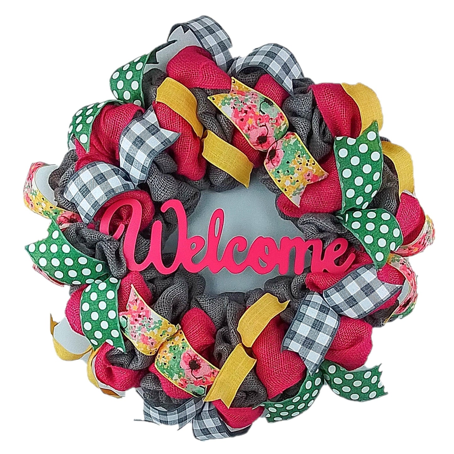Summer Wreaths with Initial - Monogram Burlap Welcome Wreath - Jute Burlap Spring Decor - Pink Moss Green White - Pink Door Wreaths