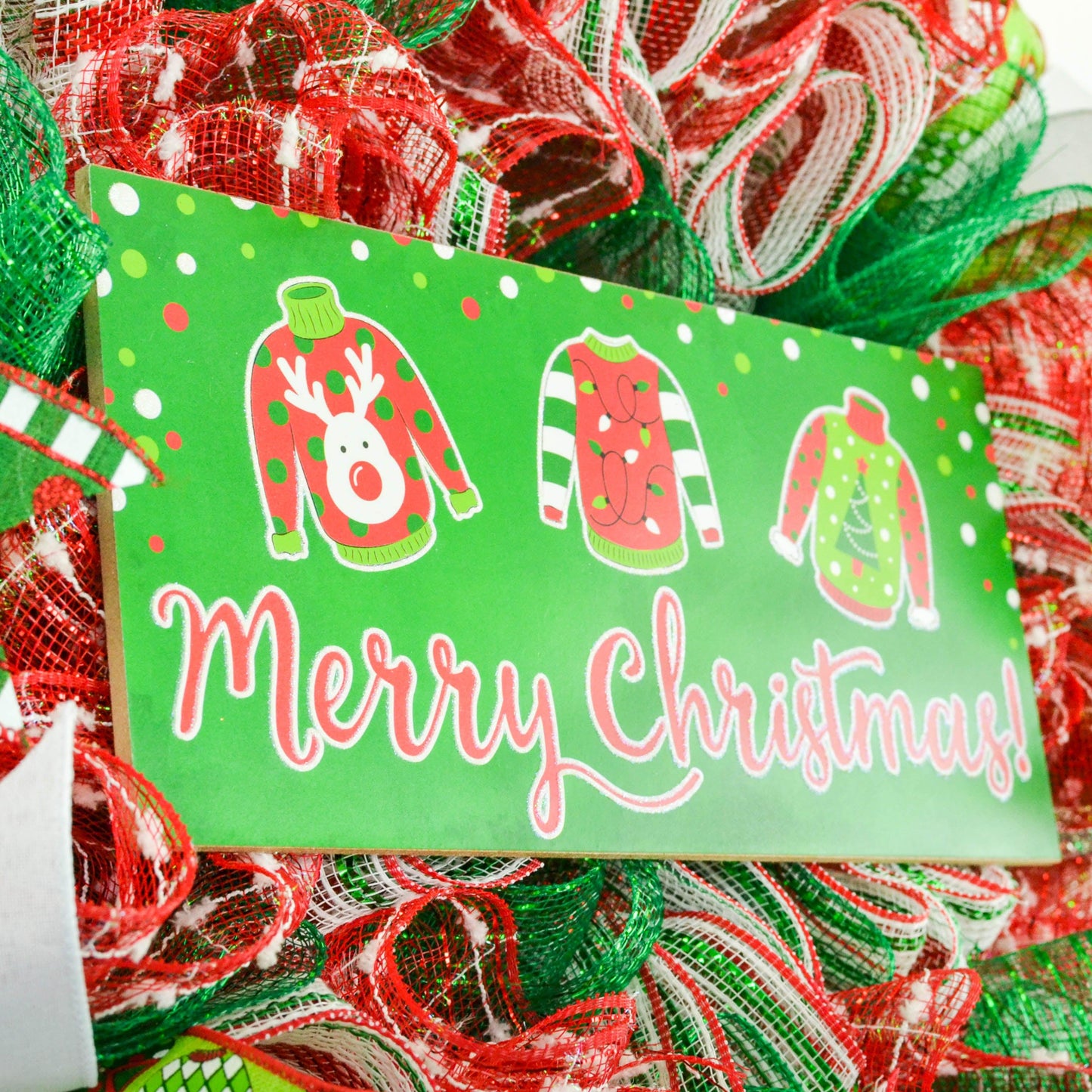Ugly Christmas Sweater Wreath - Xmas Mesh Door Decor - Holiday Decorations - Red White Emerald Green - Pink Door Wreaths