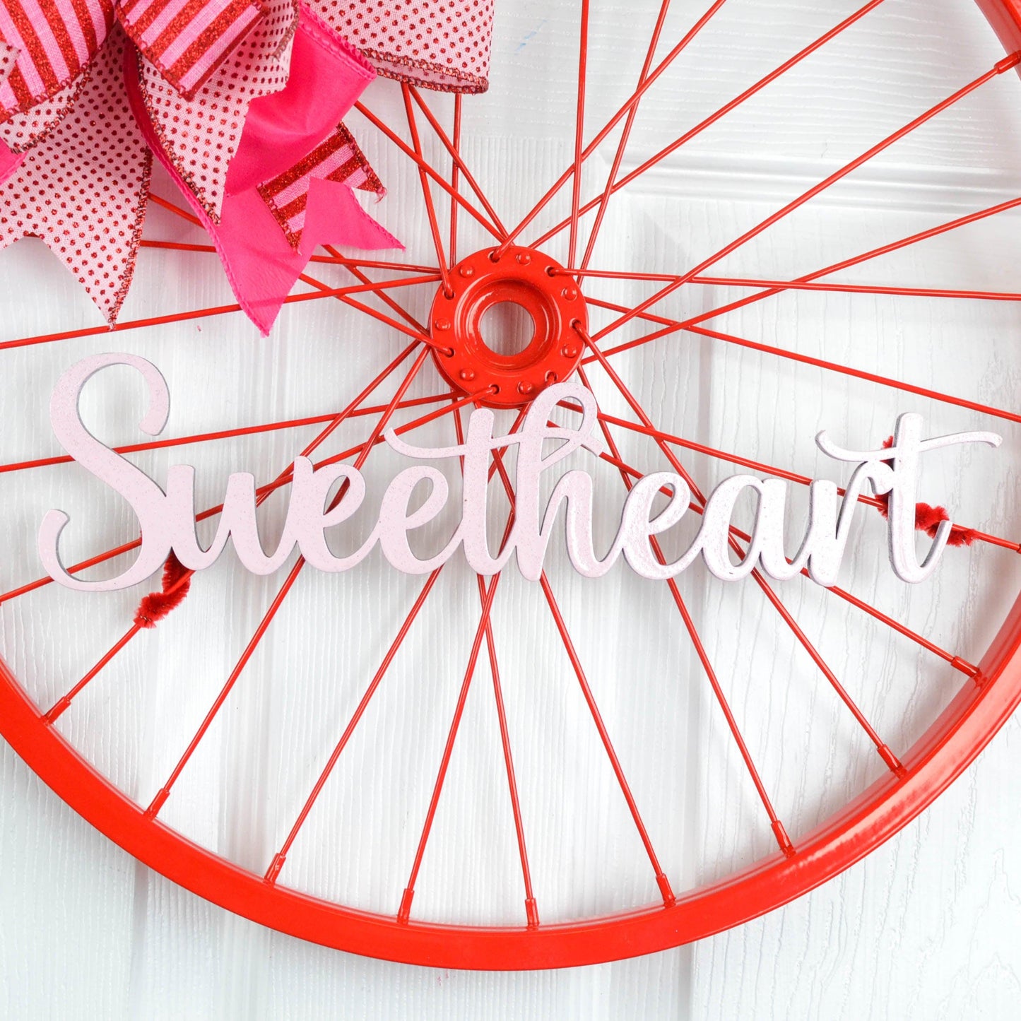 Valentines Bike Rim Door Hanger - Farmhouse Round Front Porch Decor - White Pink Red (Sweetheart) - Pink Door Wreaths
