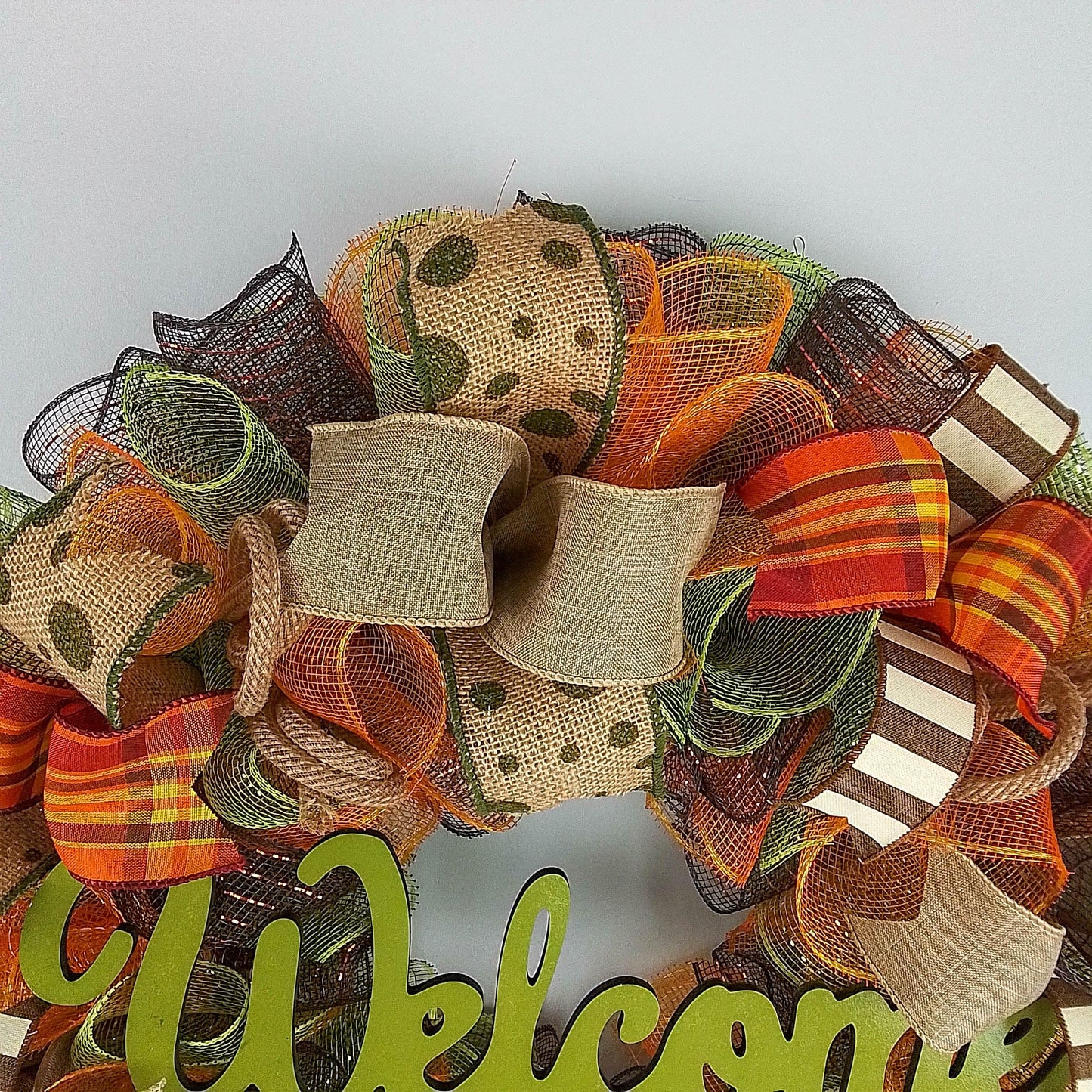Welcome Wreath for Fall, Green Front Door Wreath for Thanksgiving : F1 - Pink Door Wreaths