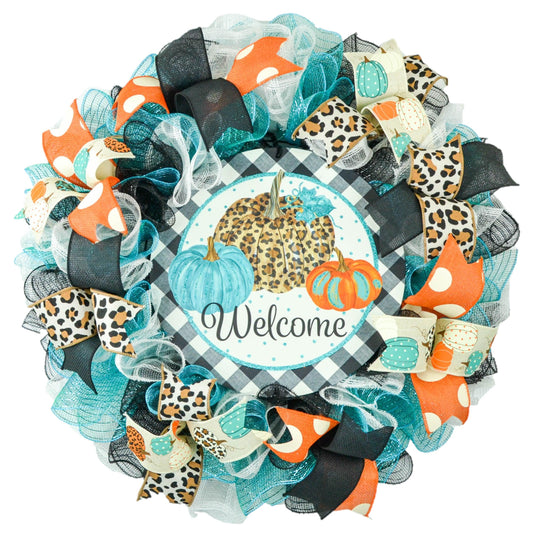 Animal Print Thanksgiving Pumpkin Door Wreaths - Halloween Fall Autumn Orange Mesh Front Door Decor - Pink Door Wreaths