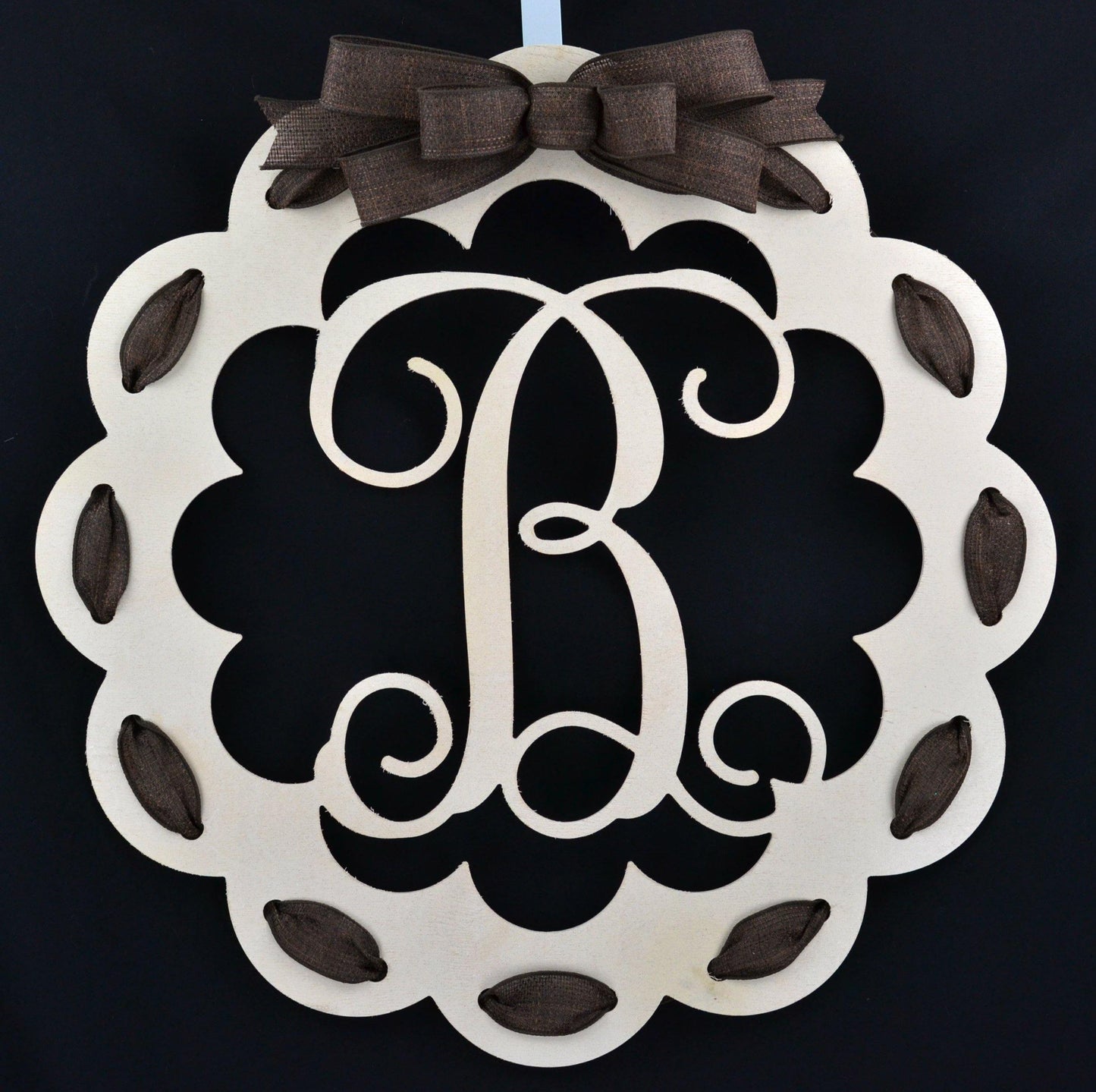 Black and Burlap Scalloped Monogram door hanger | LOTS of colors! - Pink Door Wreaths