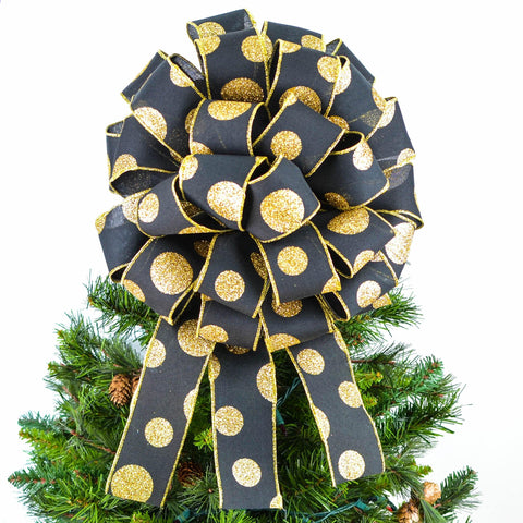 Black and Gold Bow Christmas Tree Toppers | Holiday Tree Bow with Streamers - Pink Door Wreaths