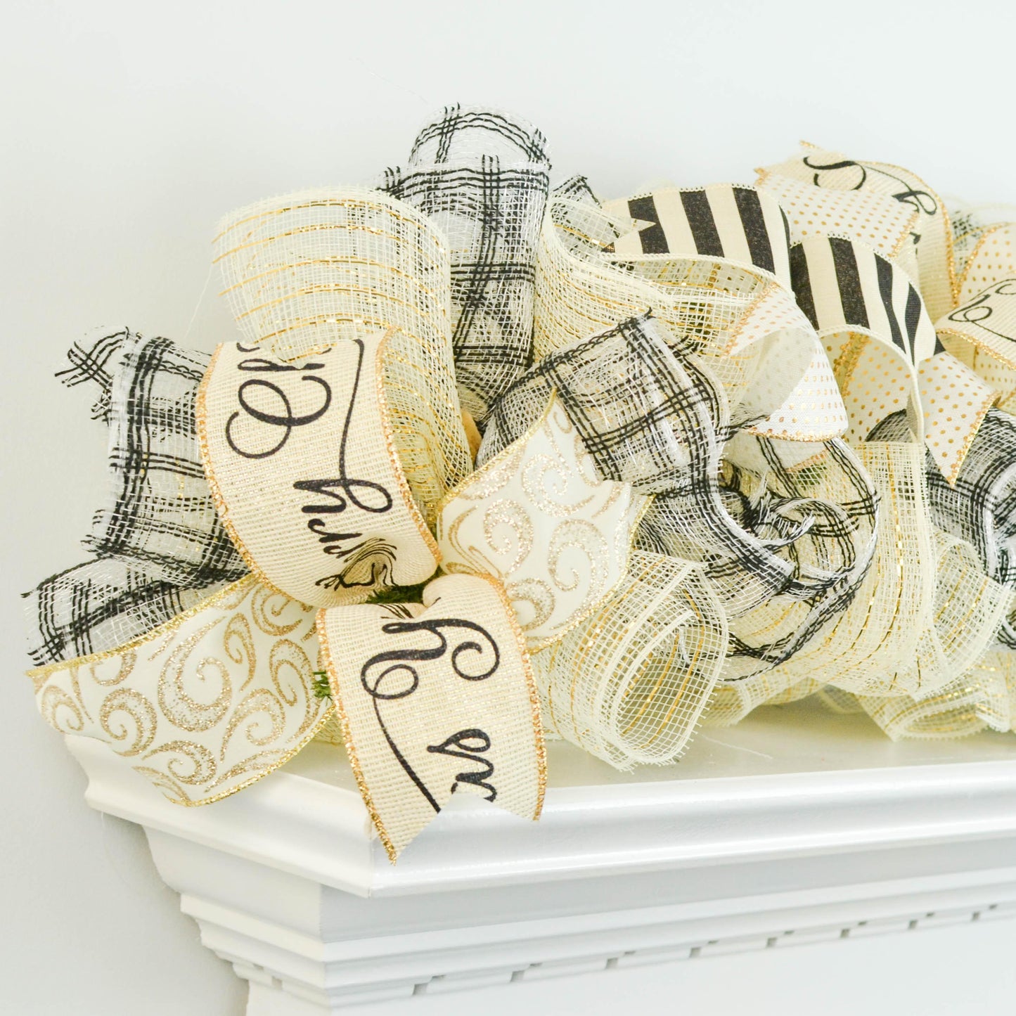 Black Ivory Gold Christmas Garland for Staircase or Mantle - Mantel Decor - Cream Shimmer Metallic - Pink Door Wreaths