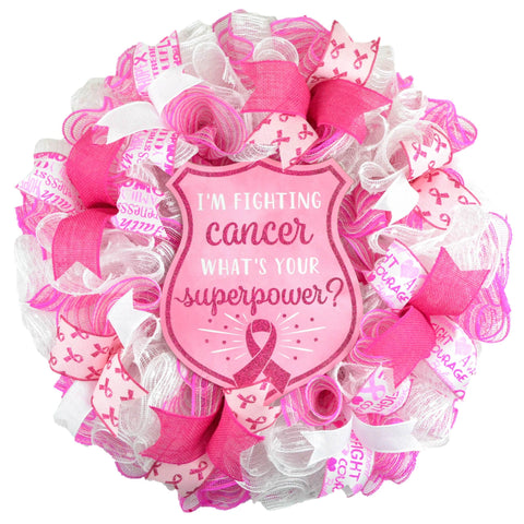 Breast Cancer Awareness Wreath - Pink White Burlap Wreath - Cancer Awareness Survivor Gift - Pink Door Wreaths