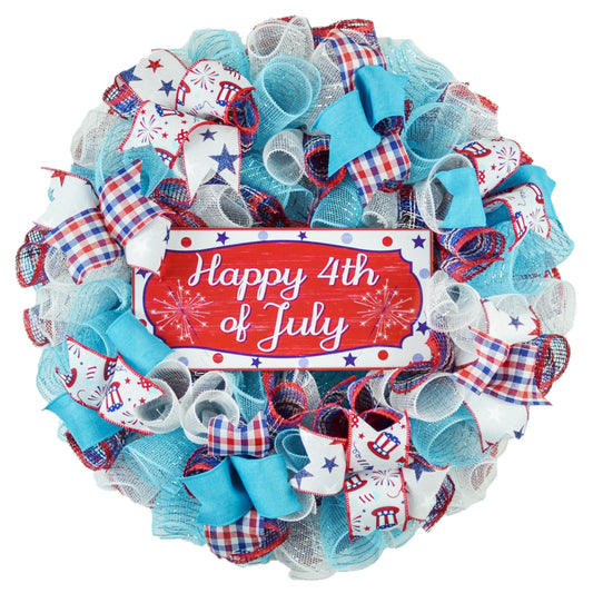 Bright Happy Fourth of July Wreaths - Turquoise 4th of July Door Decor - Pink Door Wreaths