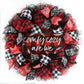 red white and black mesh wreath with sign in center that says Comfy Cozy Are We