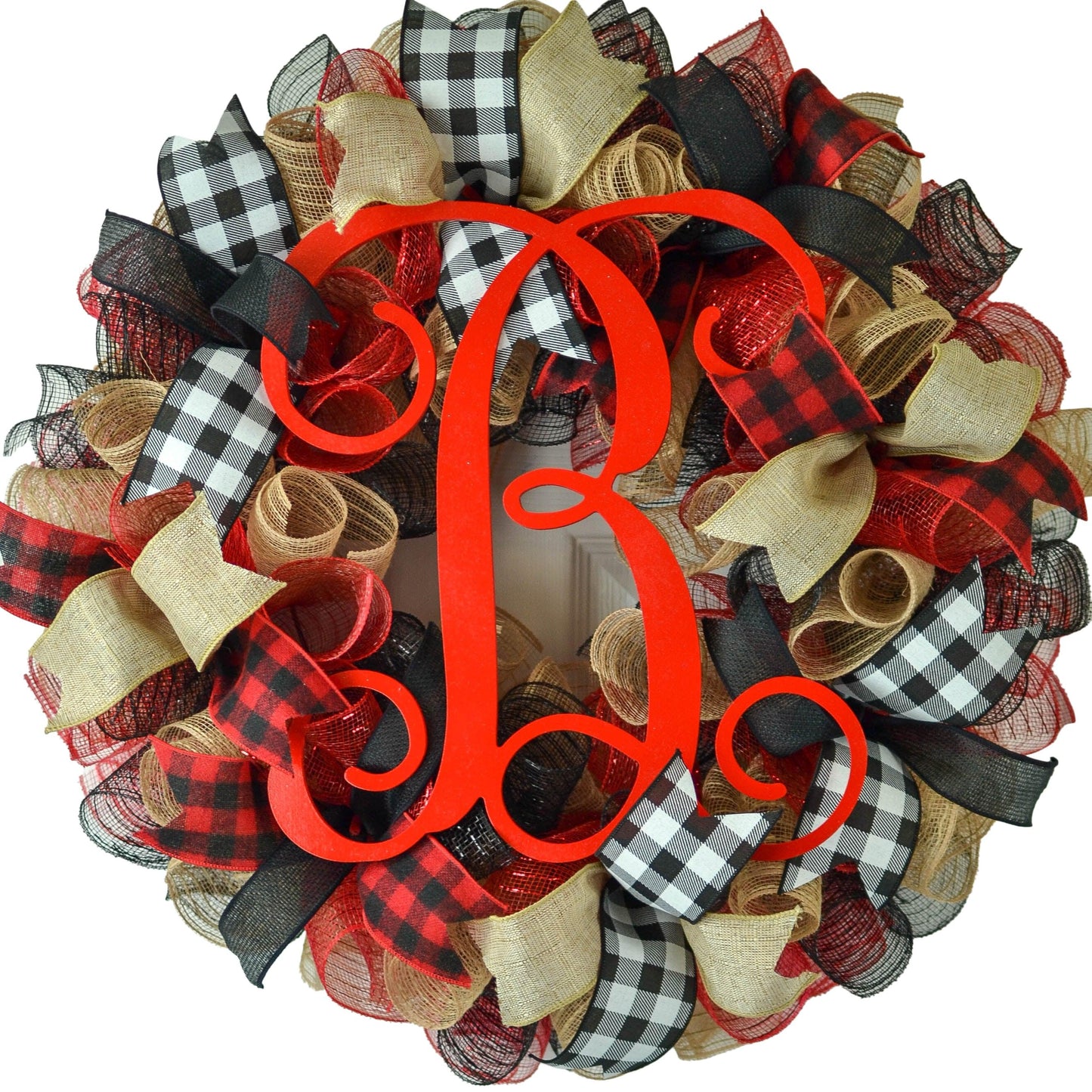 Buffalo Plaid Check Wreath - Front Door Outdoor Mesh Christmas Decor Red Black Burlap - Pink Door Wreaths