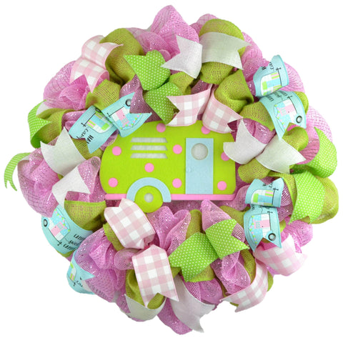 Camper Wreath - Camping Spring Summer Welcome Deco Mesh Wreath - Pink Turquoise Lime Green - Pink Door Wreaths