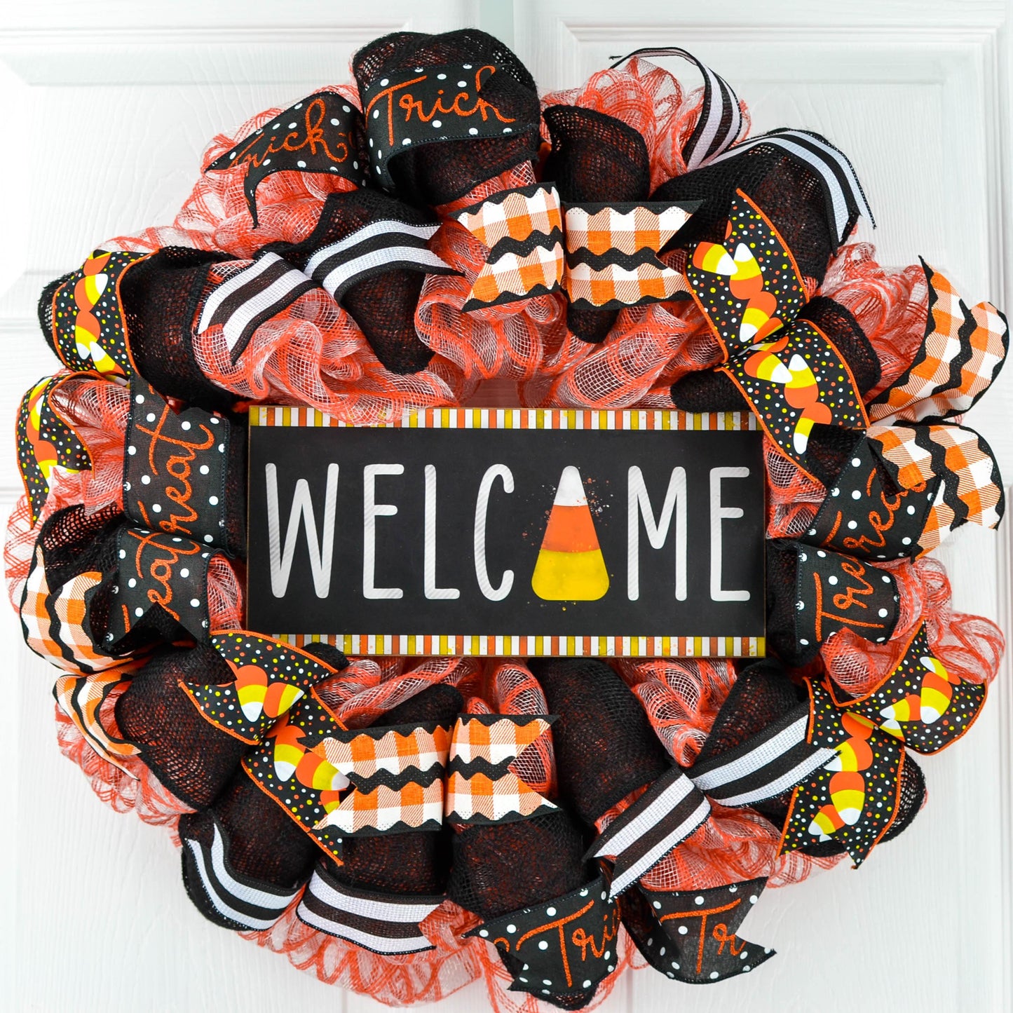 Candy Corn Welcome Halloween Door Wreaths - Trick or Treat Orange Mesh Wreath - Pink Door Wreaths