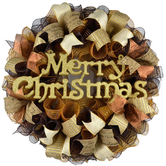 Christmas Mesh Outdoor Front Door Wreath | Brown Gold Ivory - Pink Door Wreaths