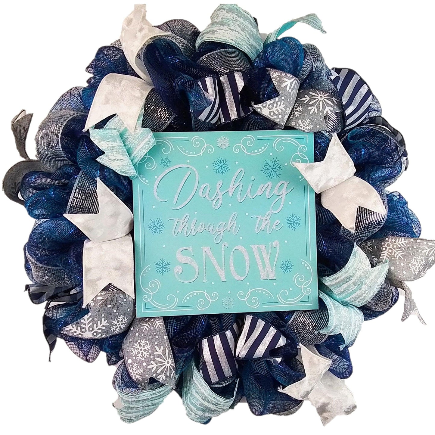 Dashing through the Snow Wreath - Winter Christmas Mesh Front Door Wreath - White Blue Grey - Pink Door Wreaths