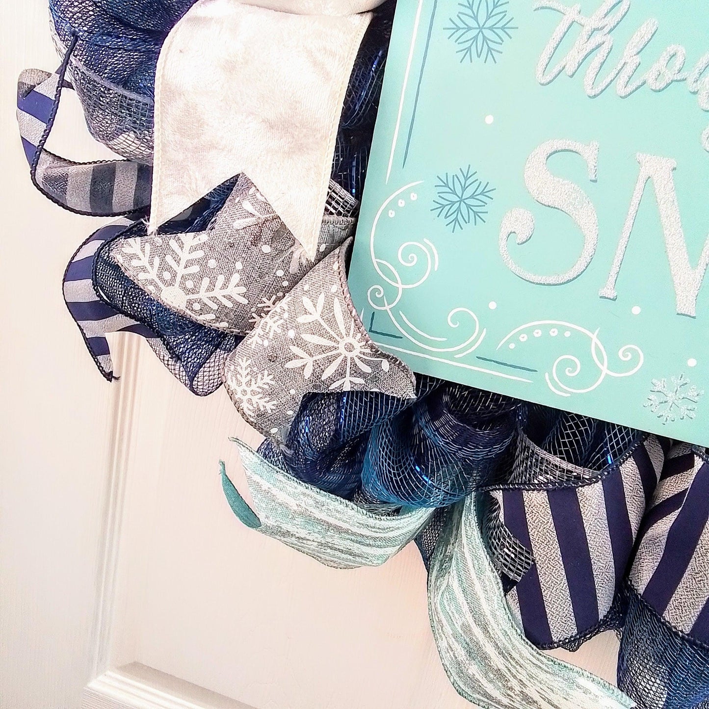 Dashing through the Snow Wreath - Winter Christmas Mesh Front Door Wreath - White Blue Grey - Pink Door Wreaths