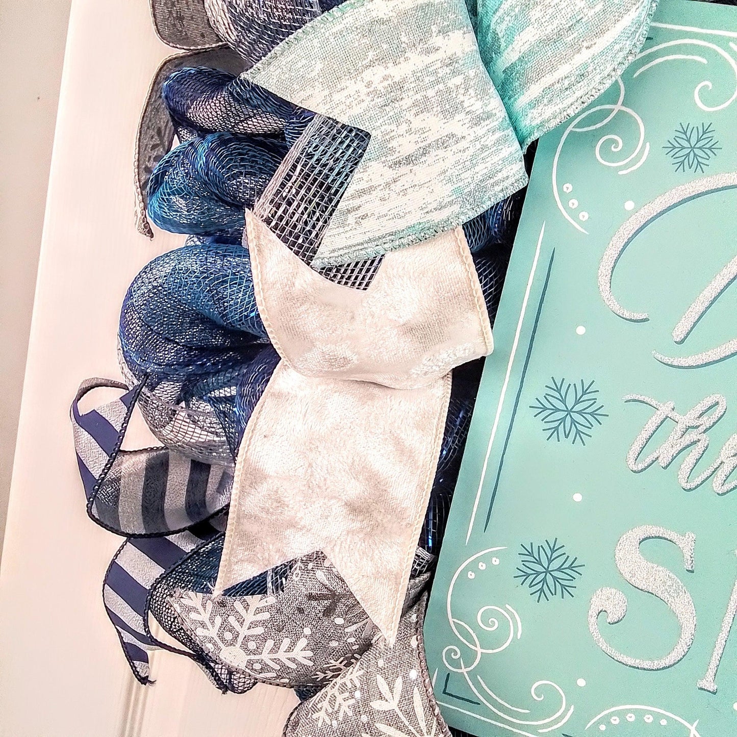 Dashing through the Snow Wreath - Winter Christmas Mesh Front Door Wreath - White Blue Grey - Pink Door Wreaths