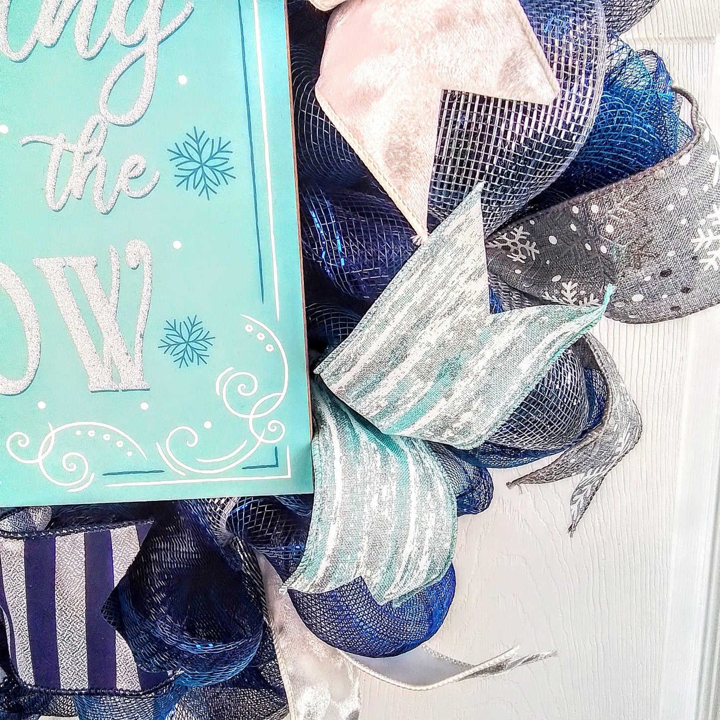 Dashing through the Snow Wreath - Winter Christmas Mesh Front Door Wreath - White Blue Grey - Pink Door Wreaths