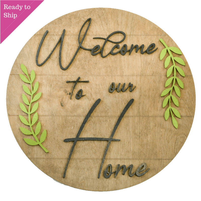 Everyday Family Door Hanger - Farmhouse Shiplap Round Front Porch Decor - Black White Green Brown (Welcome to Our Home) - Pink Door Wreaths